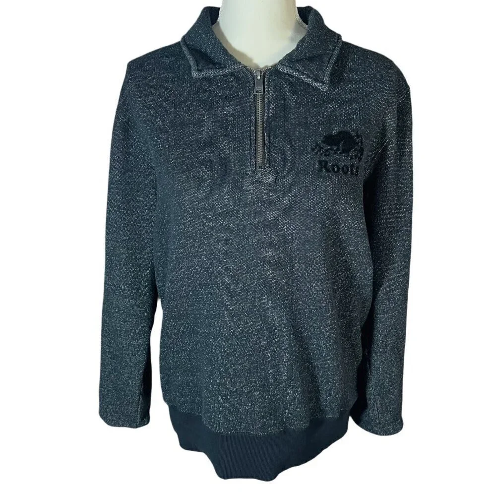 Roots Men's Black White Original Half Zip Sweatshirt Jacket Beaver Size M